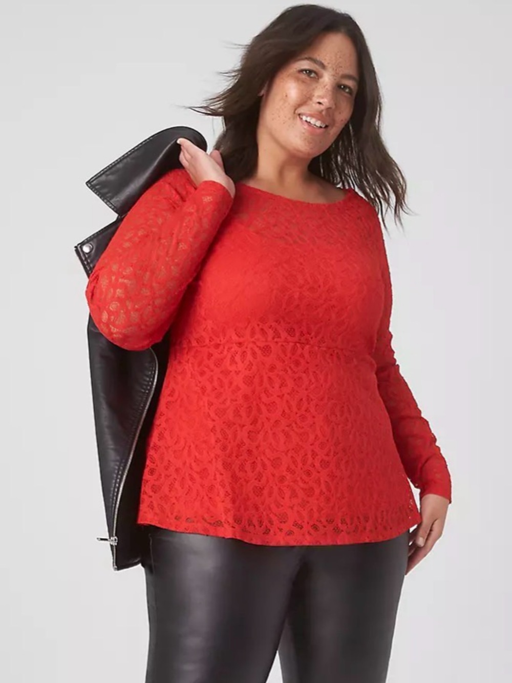 Lane Bryant Red Lace Long-Sleeve Peplum Top